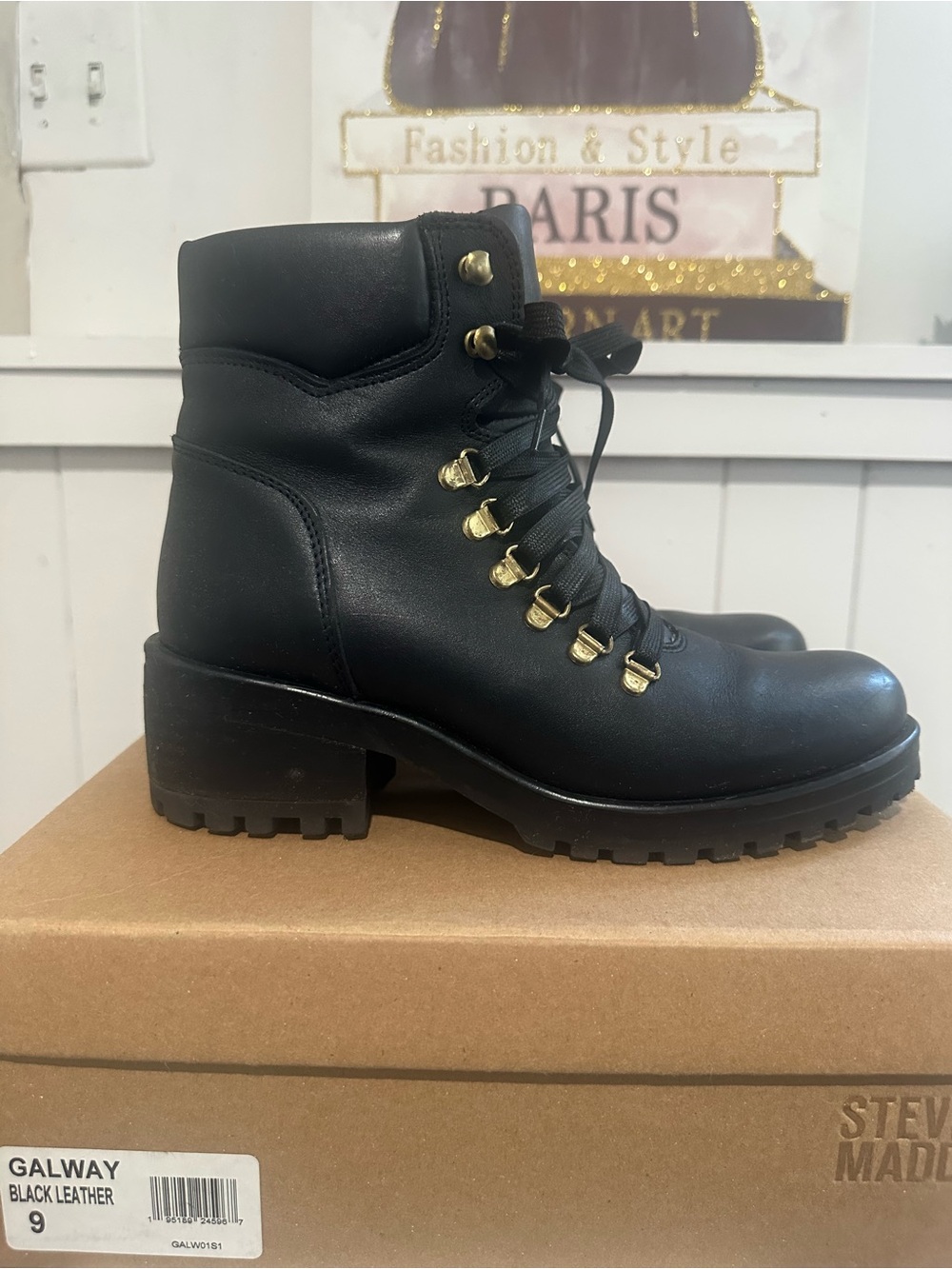 Steve Madden Black Leather Lace-Up Lug Heel Ankle Boots with Gold Hardware